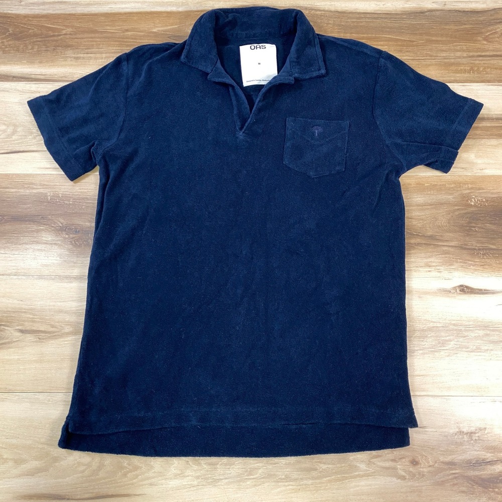 OAS Terry Polo Shirt Mens Medium Short Sleeve Pocket Navy Blue Modern Resortwear